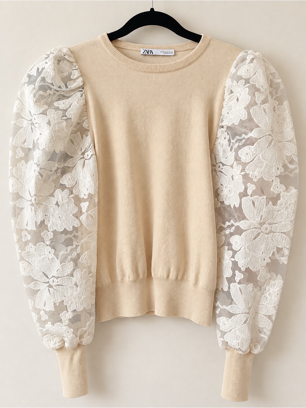 Zara Cream Knit Sweater with Floral Lace Puff Sleeves Size M